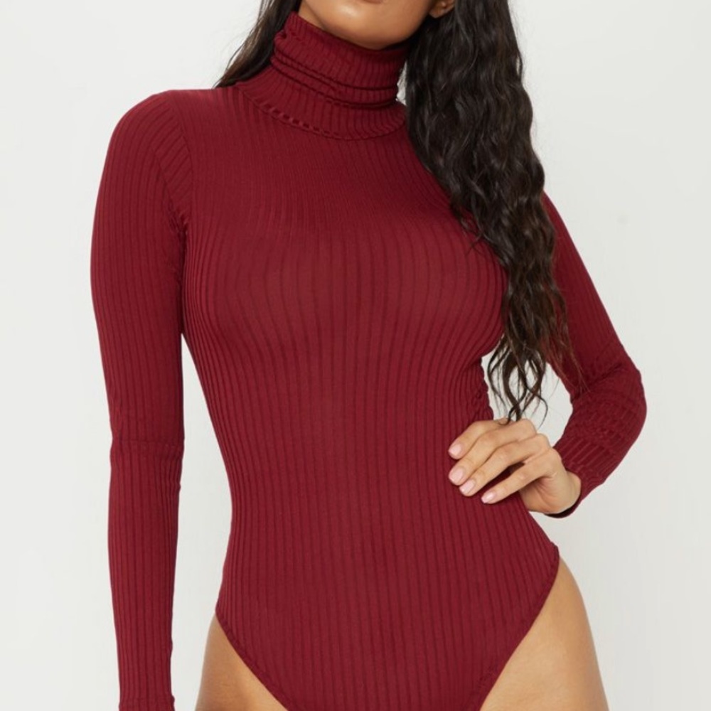Wine Ribbed Long Sleeve Bodysuit